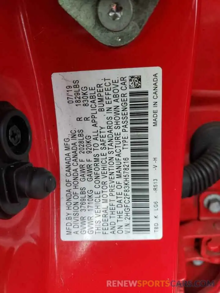 12 Фотография поврежденного автомобиля 2HGFC2F83KH578216 HONDA CIVIC 2019