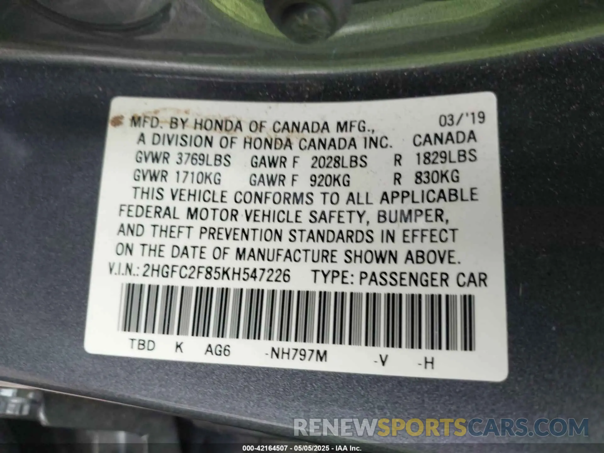 9 Photograph of a damaged car 2HGFC2F85KH547226 HONDA CIVIC 2019