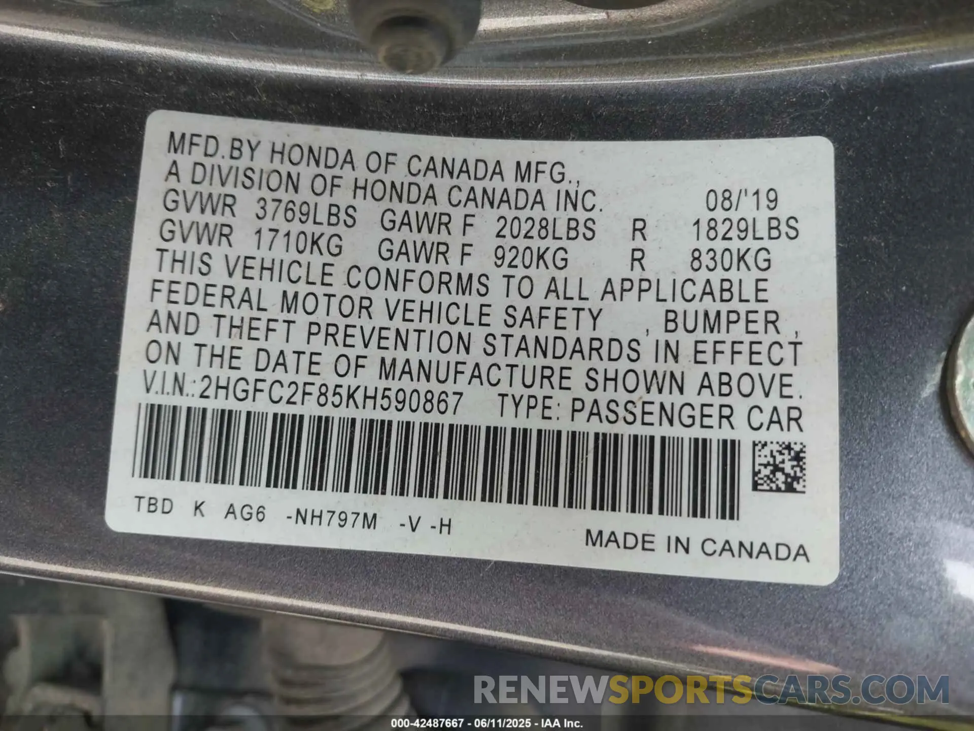 9 Photograph of a damaged car 2HGFC2F85KH590867 HONDA CIVIC 2019