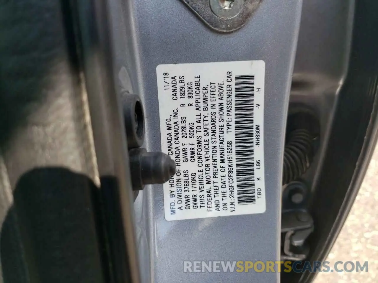 12 Photograph of a damaged car 2HGFC2F86KH516258 HONDA CIVIC 2019