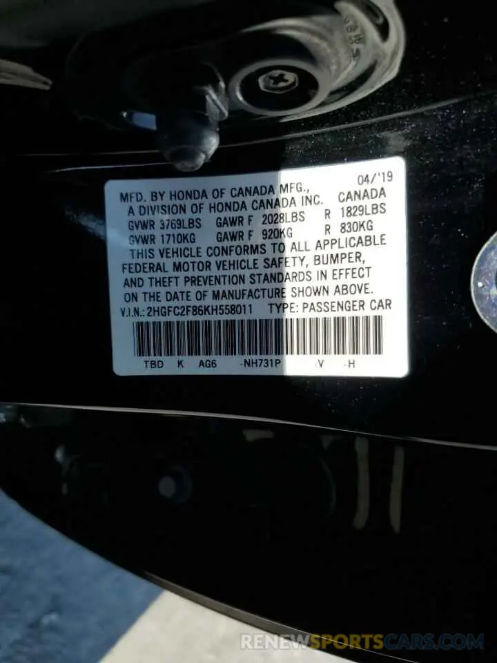 13 Фотография поврежденного автомобиля 2HGFC2F86KH558011 HONDA CIVIC 2019