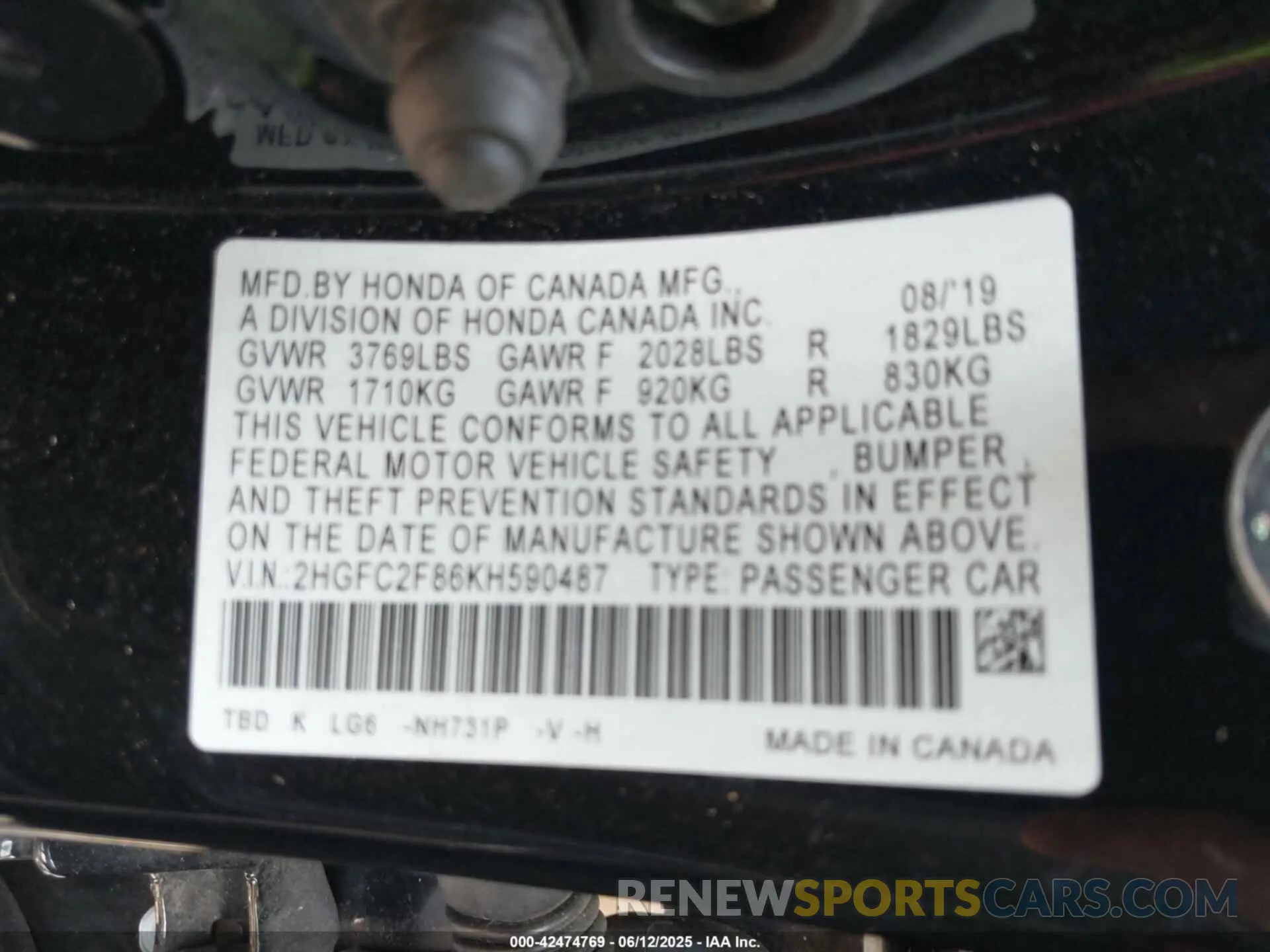 9 Photograph of a damaged car 2HGFC2F86KH590487 HONDA CIVIC 2019