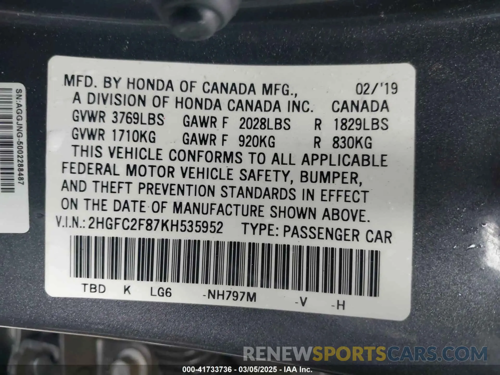 9 Photograph of a damaged car 2HGFC2F87KH535952 HONDA CIVIC 2019