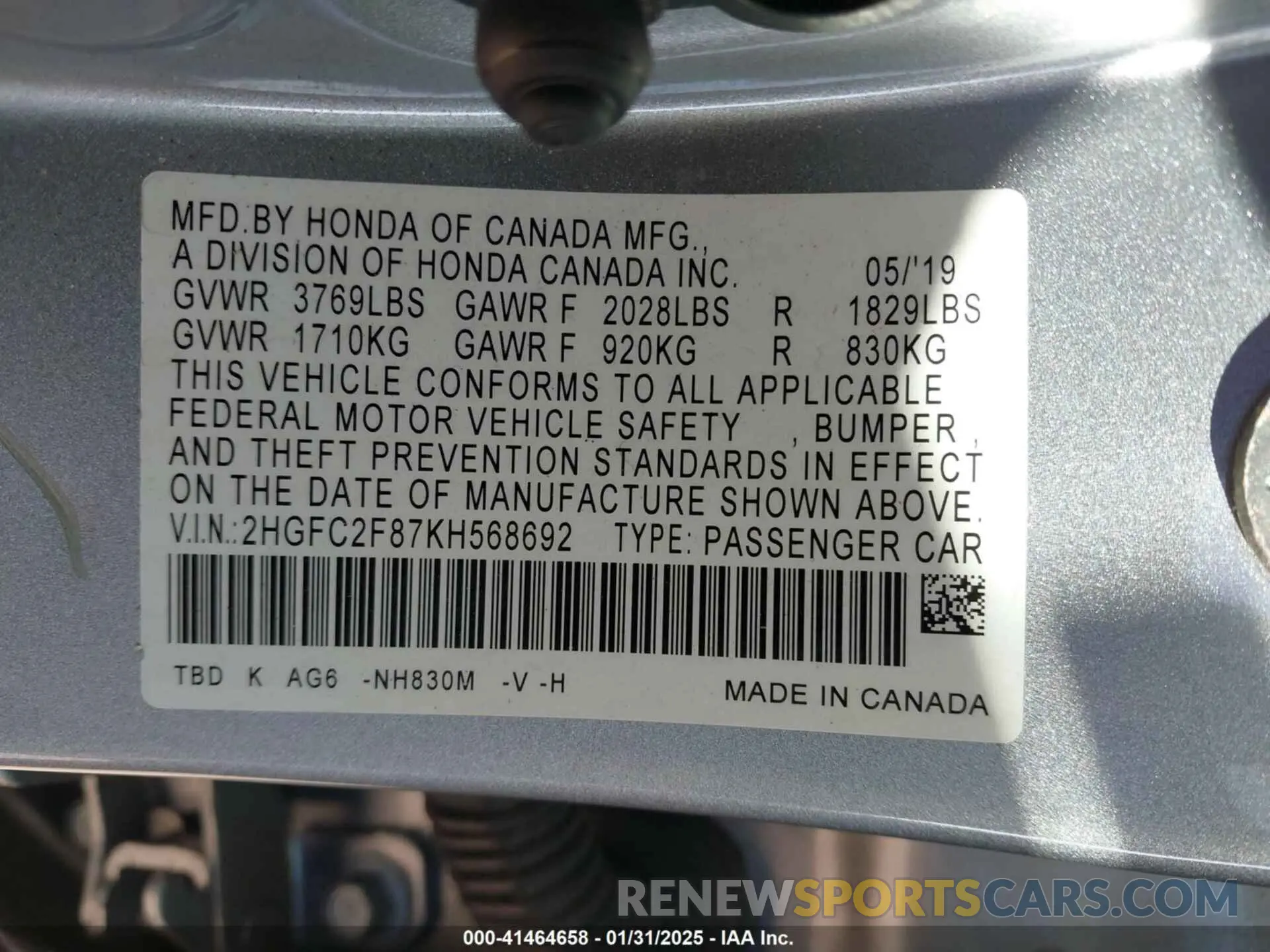 9 Photograph of a damaged car 2HGFC2F87KH568692 HONDA CIVIC 2019