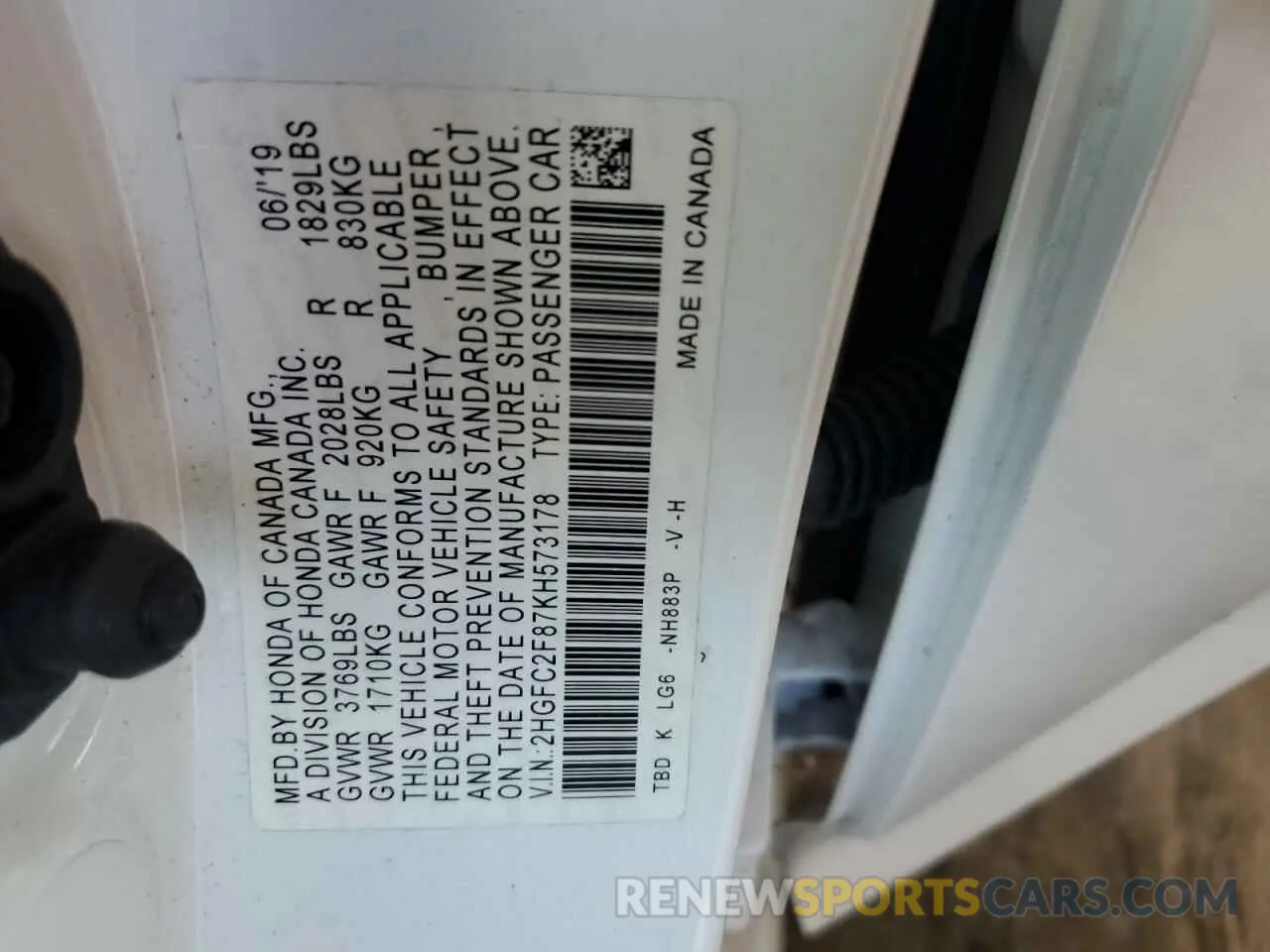 13 Photograph of a damaged car 2HGFC2F87KH573178 HONDA CIVIC 2019