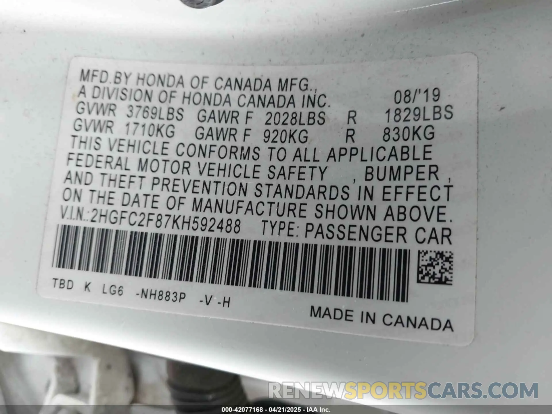 9 Photograph of a damaged car 2HGFC2F87KH592488 HONDA CIVIC 2019