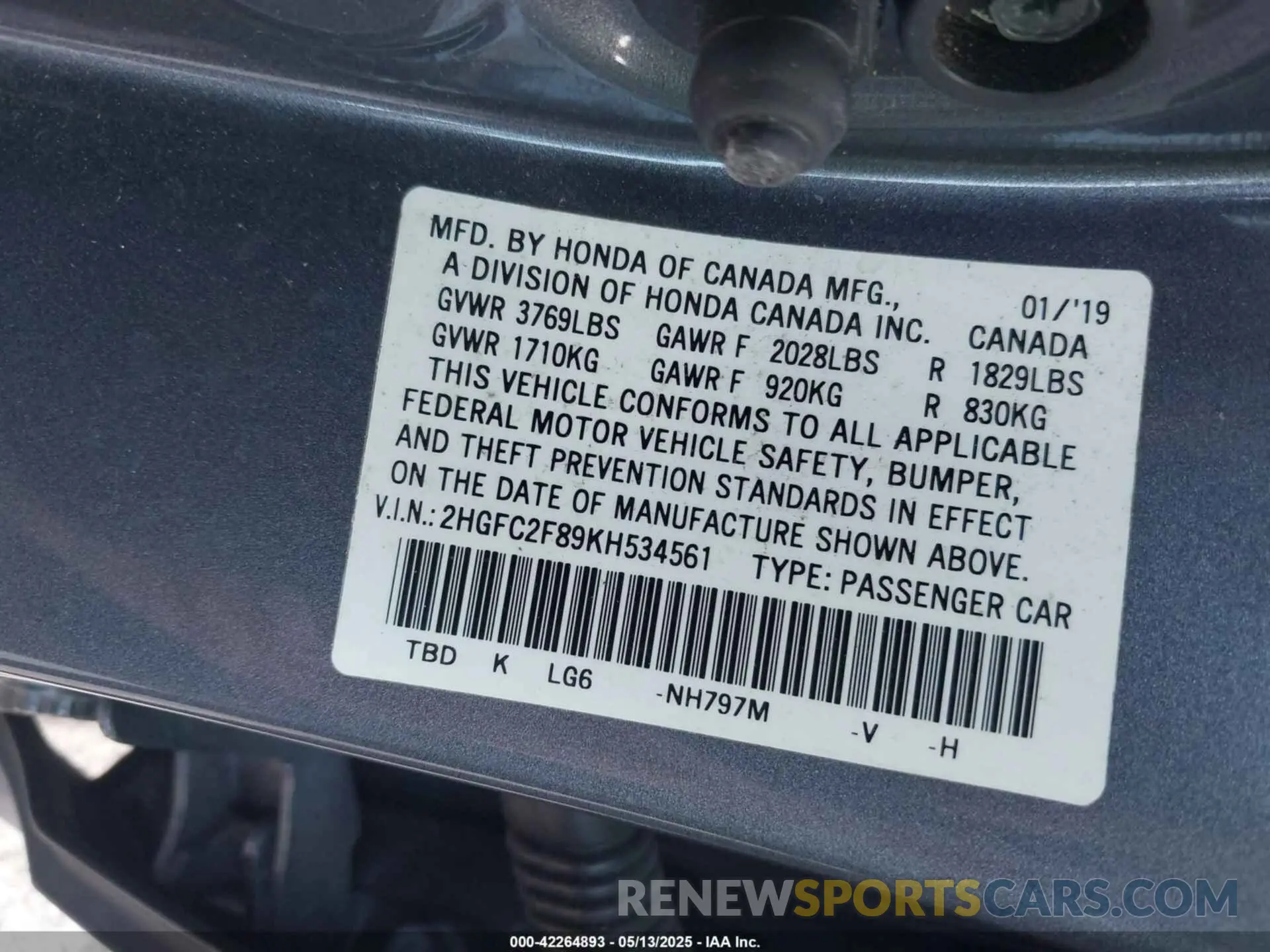 9 Photograph of a damaged car 2HGFC2F89KH534561 HONDA CIVIC 2019