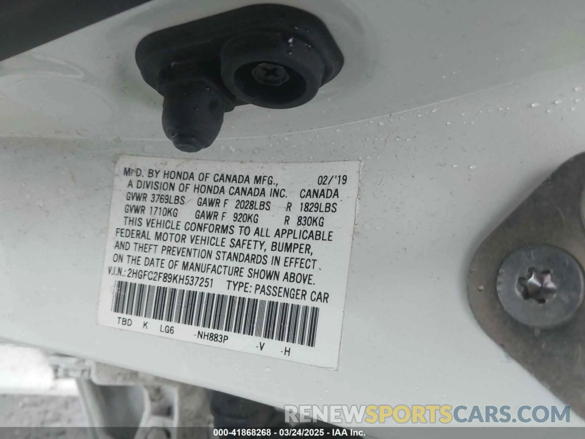 9 Photograph of a damaged car 2HGFC2F89KH537251 HONDA CIVIC 2019