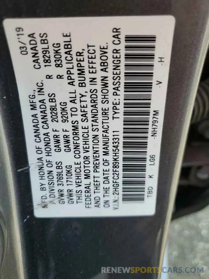 12 Photograph of a damaged car 2HGFC2F89KH543311 HONDA CIVIC 2019