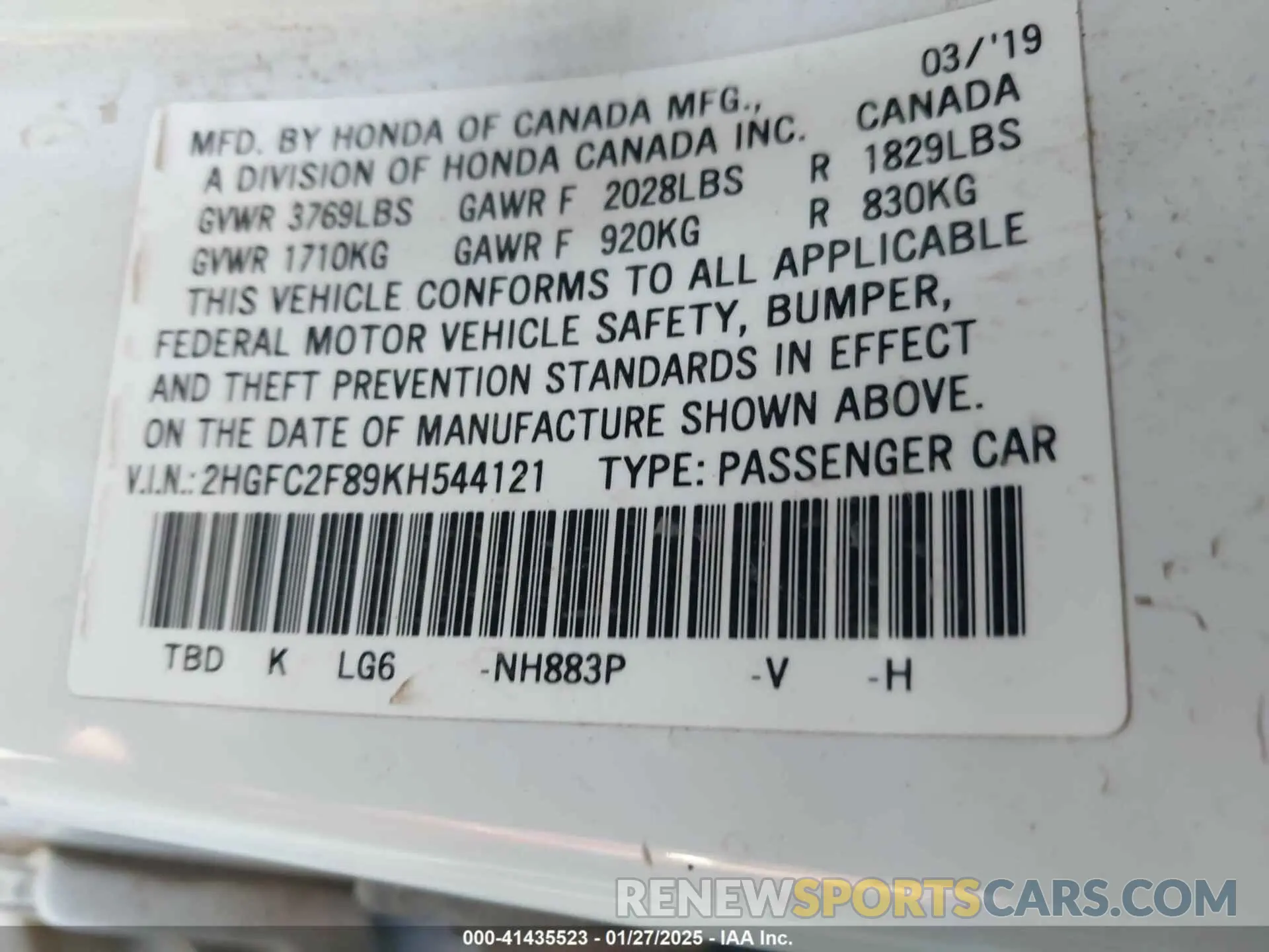 9 Photograph of a damaged car 2HGFC2F89KH544121 HONDA CIVIC 2019