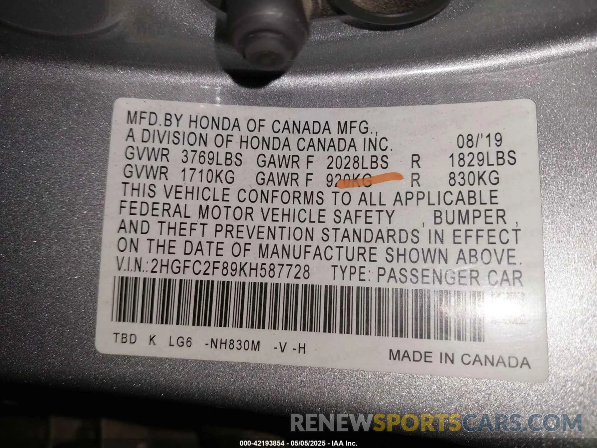 9 Photograph of a damaged car 2HGFC2F89KH587728 HONDA CIVIC 2019