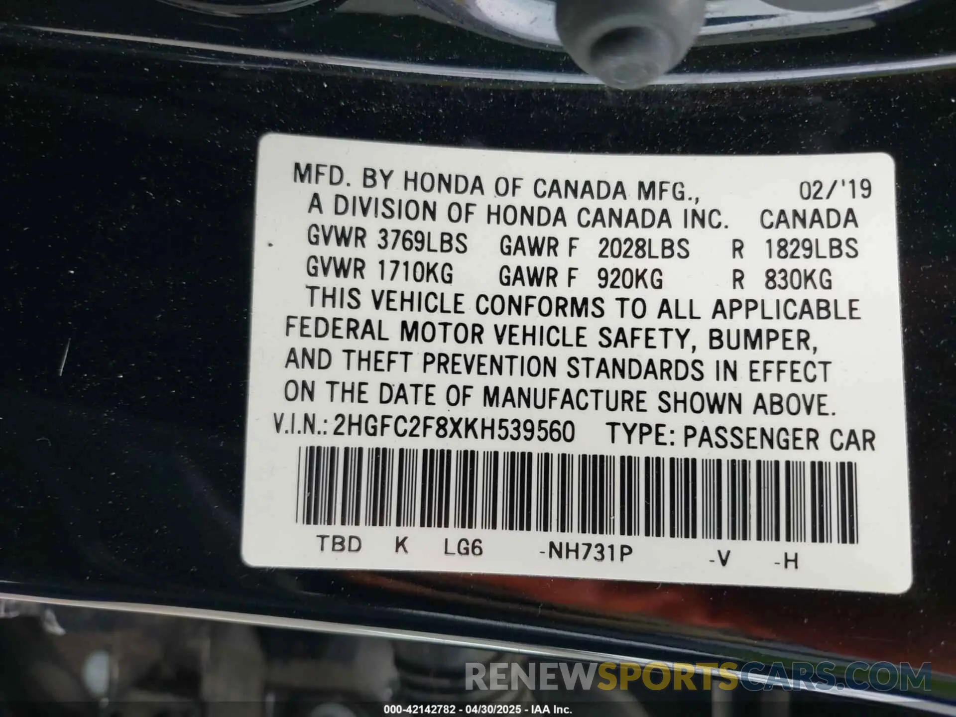 9 Photograph of a damaged car 2HGFC2F8XKH539560 HONDA CIVIC 2019