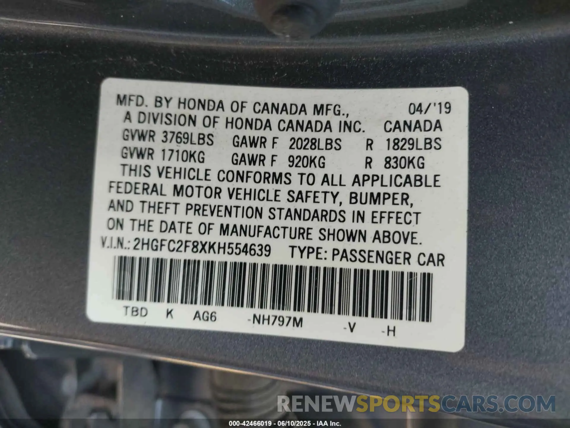 9 Photograph of a damaged car 2HGFC2F8XKH554639 HONDA CIVIC 2019