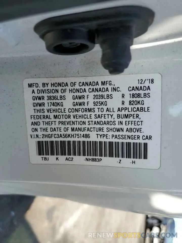 12 Фотография поврежденного автомобиля 2HGFC3A56KH751486 HONDA CIVIC 2019