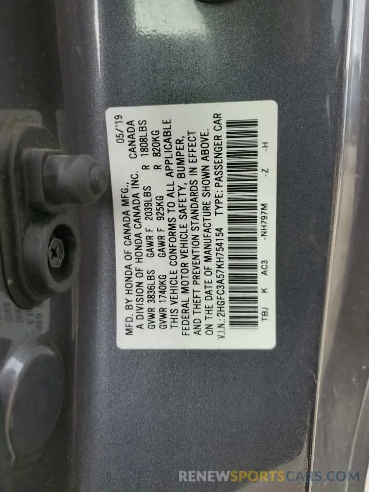 12 Photograph of a damaged car 2HGFC3A57KH754154 HONDA CIVIC 2019