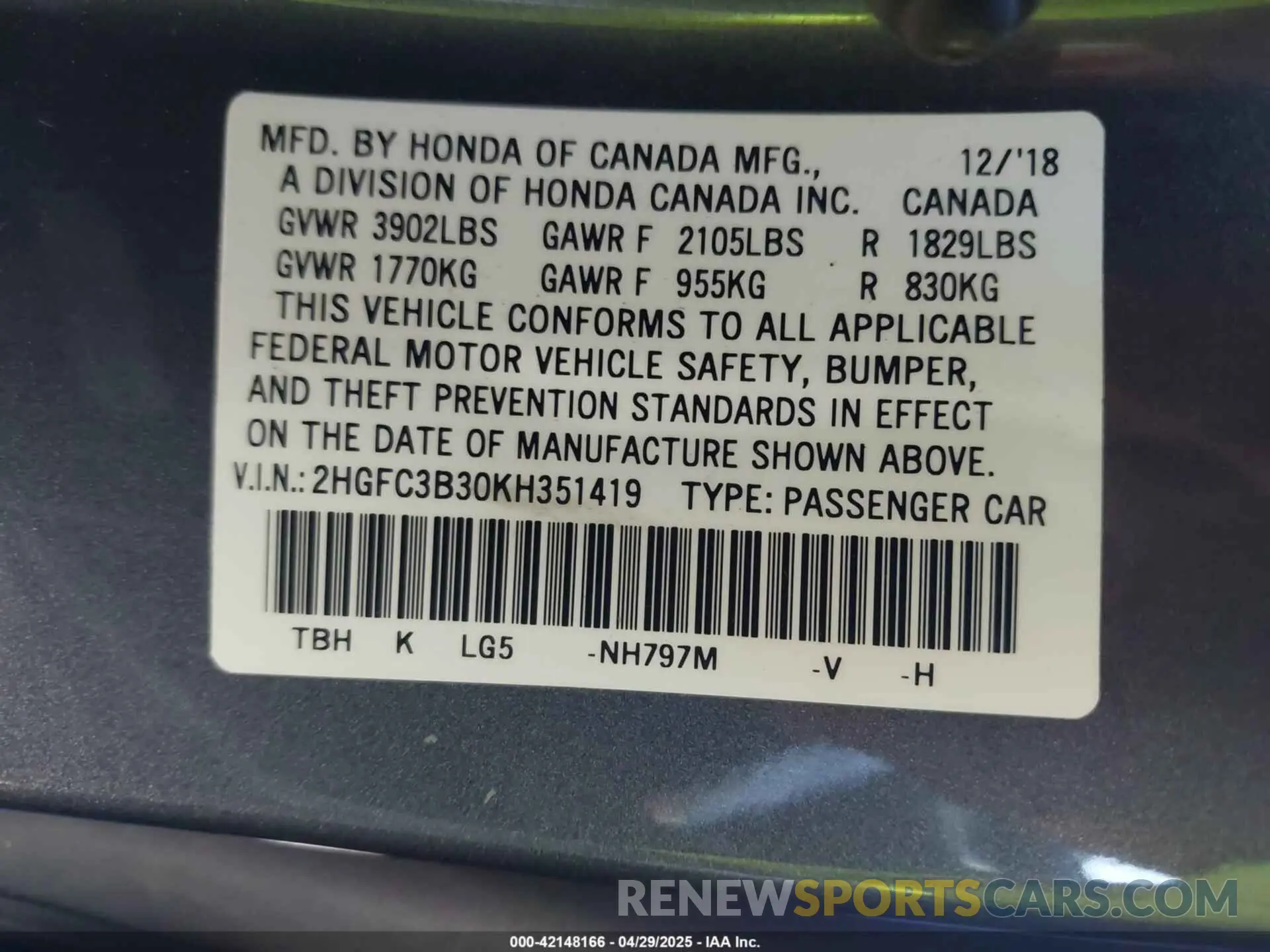 9 Photograph of a damaged car 2HGFC3B30KH351419 HONDA CIVIC 2019