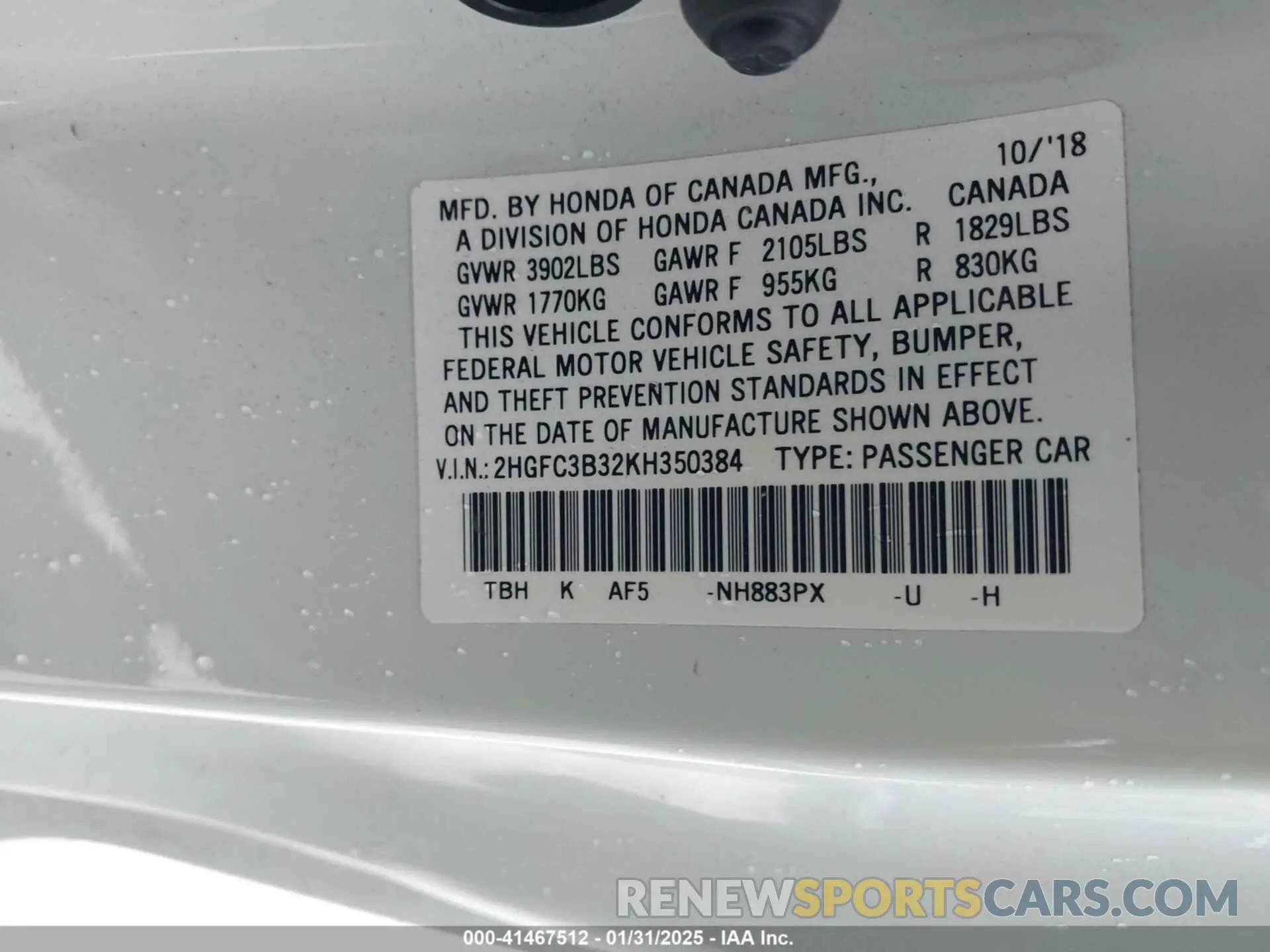 9 Photograph of a damaged car 2HGFC3B32KH350384 HONDA CIVIC 2019