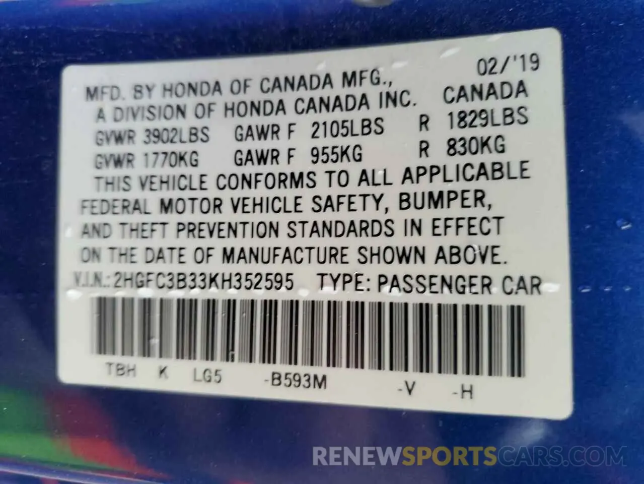 12 Photograph of a damaged car 2HGFC3B33KH352595 HONDA CIVIC 2019