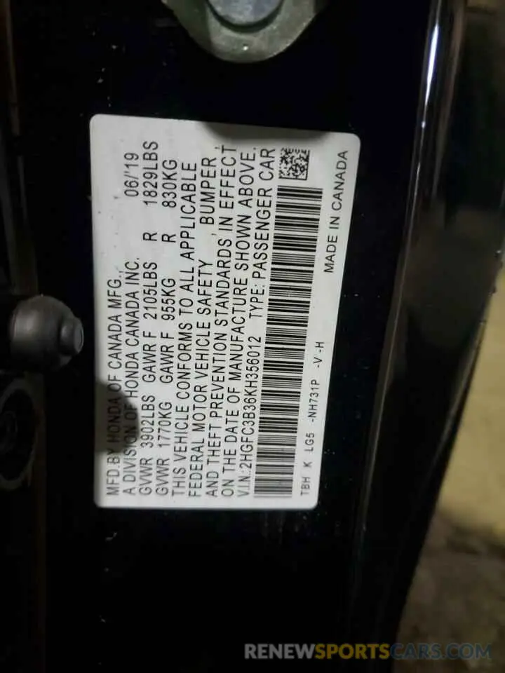 12 Photograph of a damaged car 2HGFC3B36KH356012 HONDA CIVIC 2019