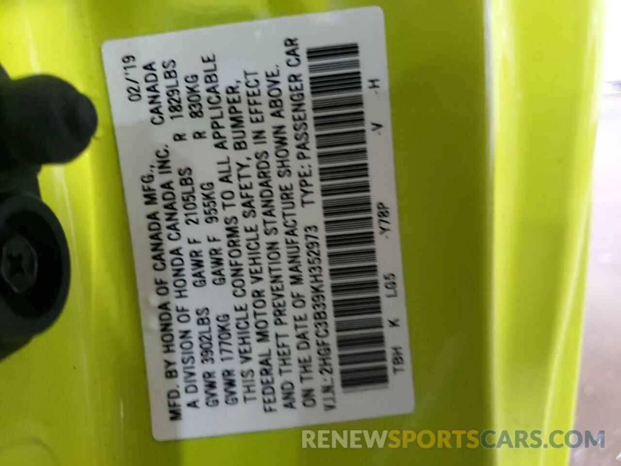 12 Photograph of a damaged car 2HGFC3B39KH352973 HONDA CIVIC 2019