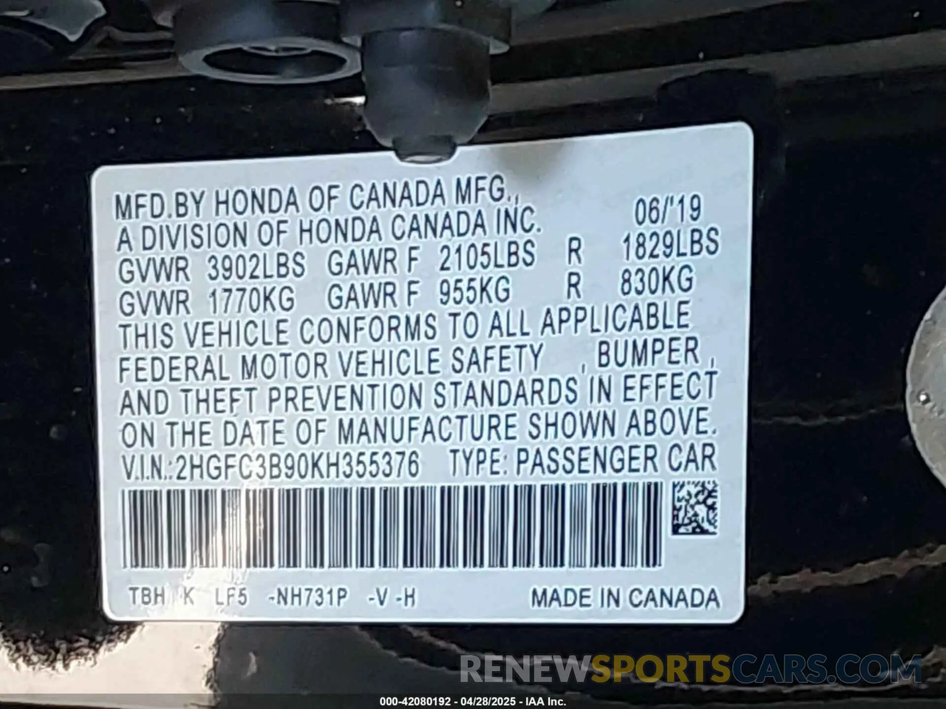 9 Photograph of a damaged car 2HGFC3B90KH355376 HONDA CIVIC 2019