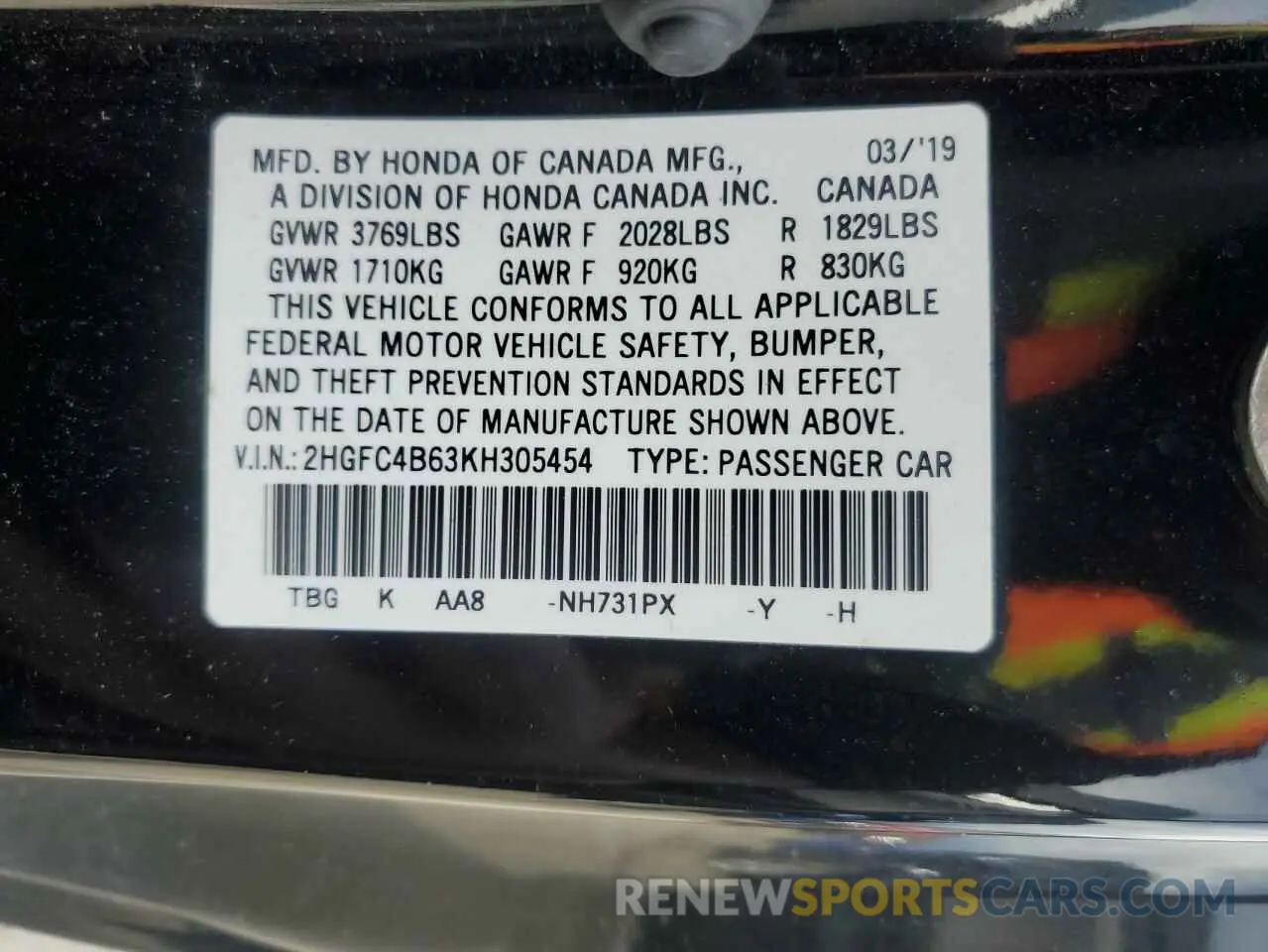 12 Photograph of a damaged car 2HGFC4B63KH305454 HONDA CIVIC 2019