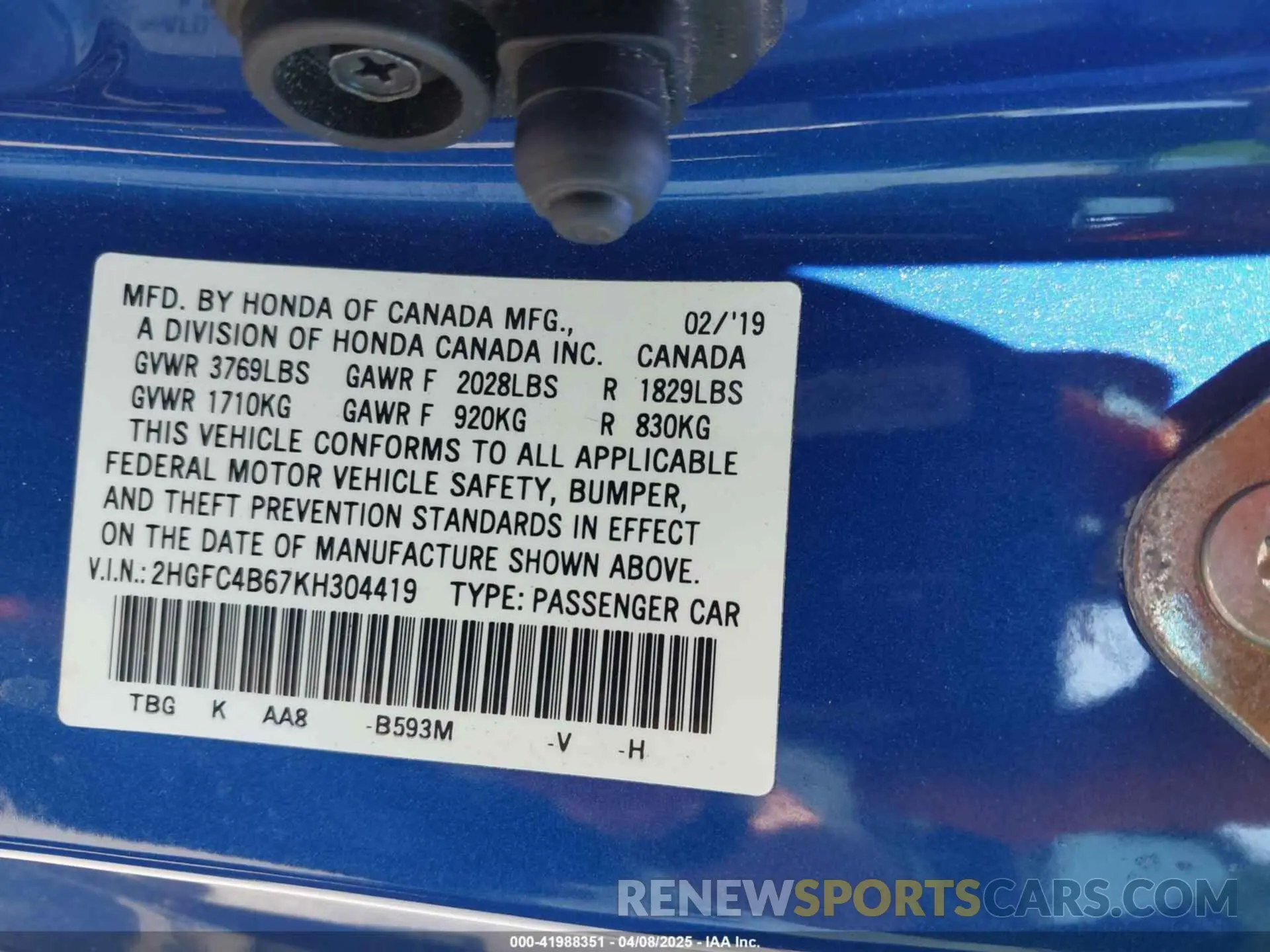 9 Photograph of a damaged car 2HGFC4B67KH304419 HONDA CIVIC 2019