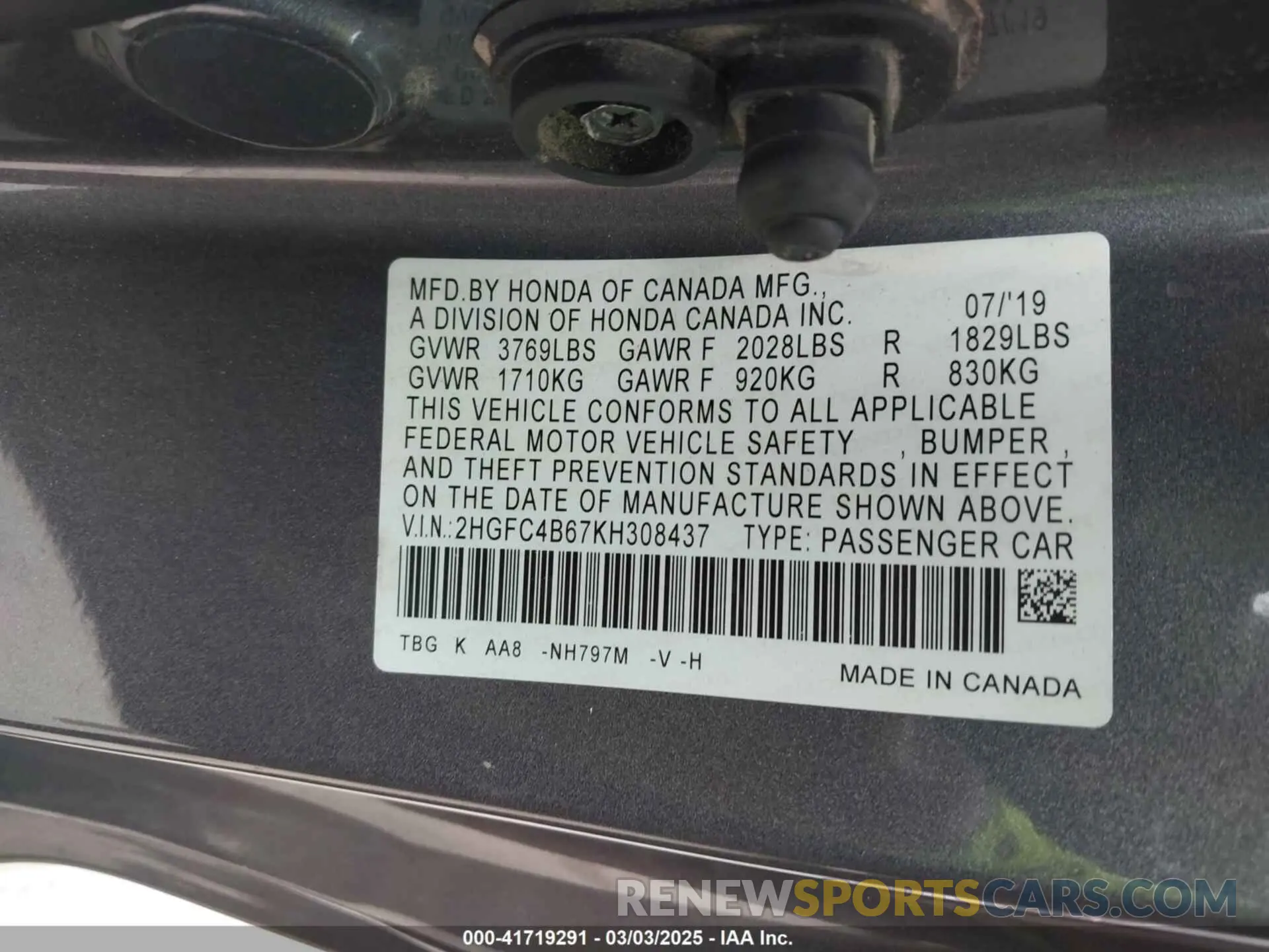 9 Photograph of a damaged car 2HGFC4B67KH308437 HONDA CIVIC 2019