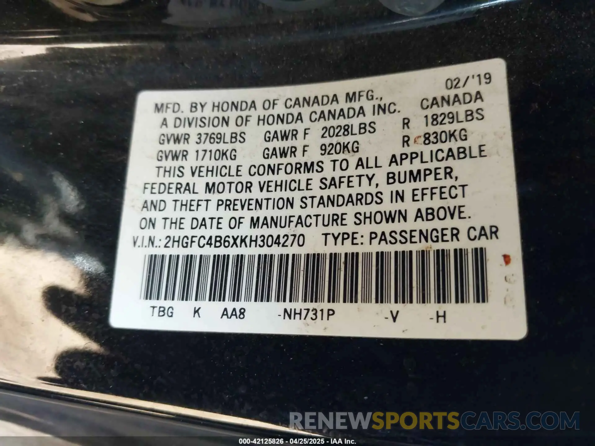 9 Photograph of a damaged car 2HGFC4B6XKH304270 HONDA CIVIC 2019