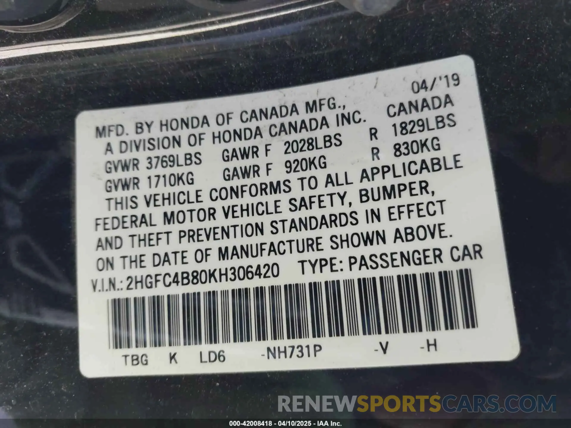 9 Photograph of a damaged car 2HGFC4B80KH306420 HONDA CIVIC 2019