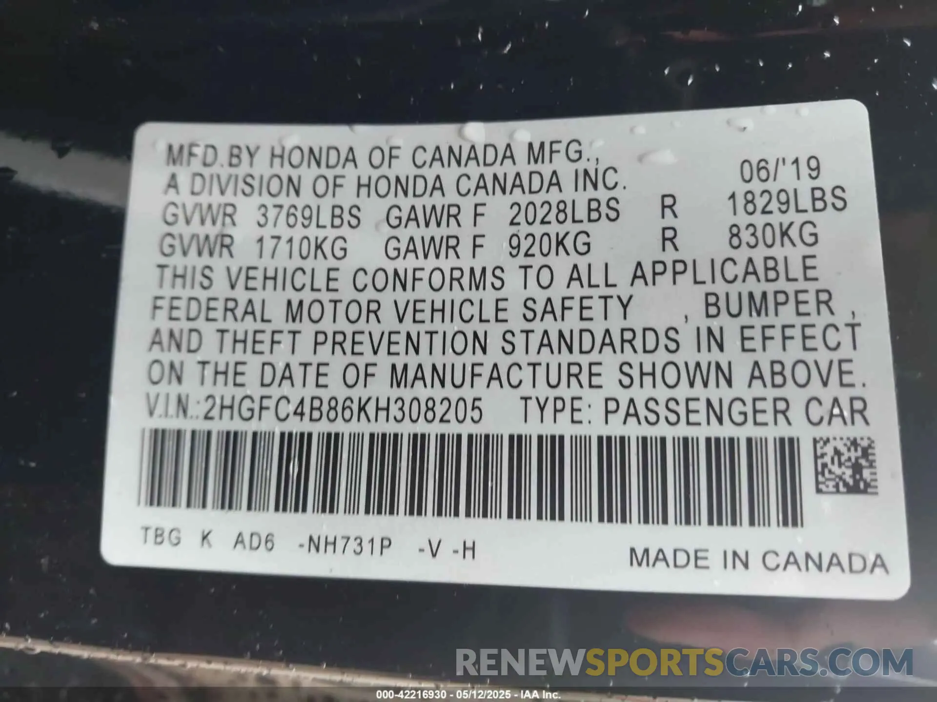 9 Photograph of a damaged car 2HGFC4B86KH308205 HONDA CIVIC 2019