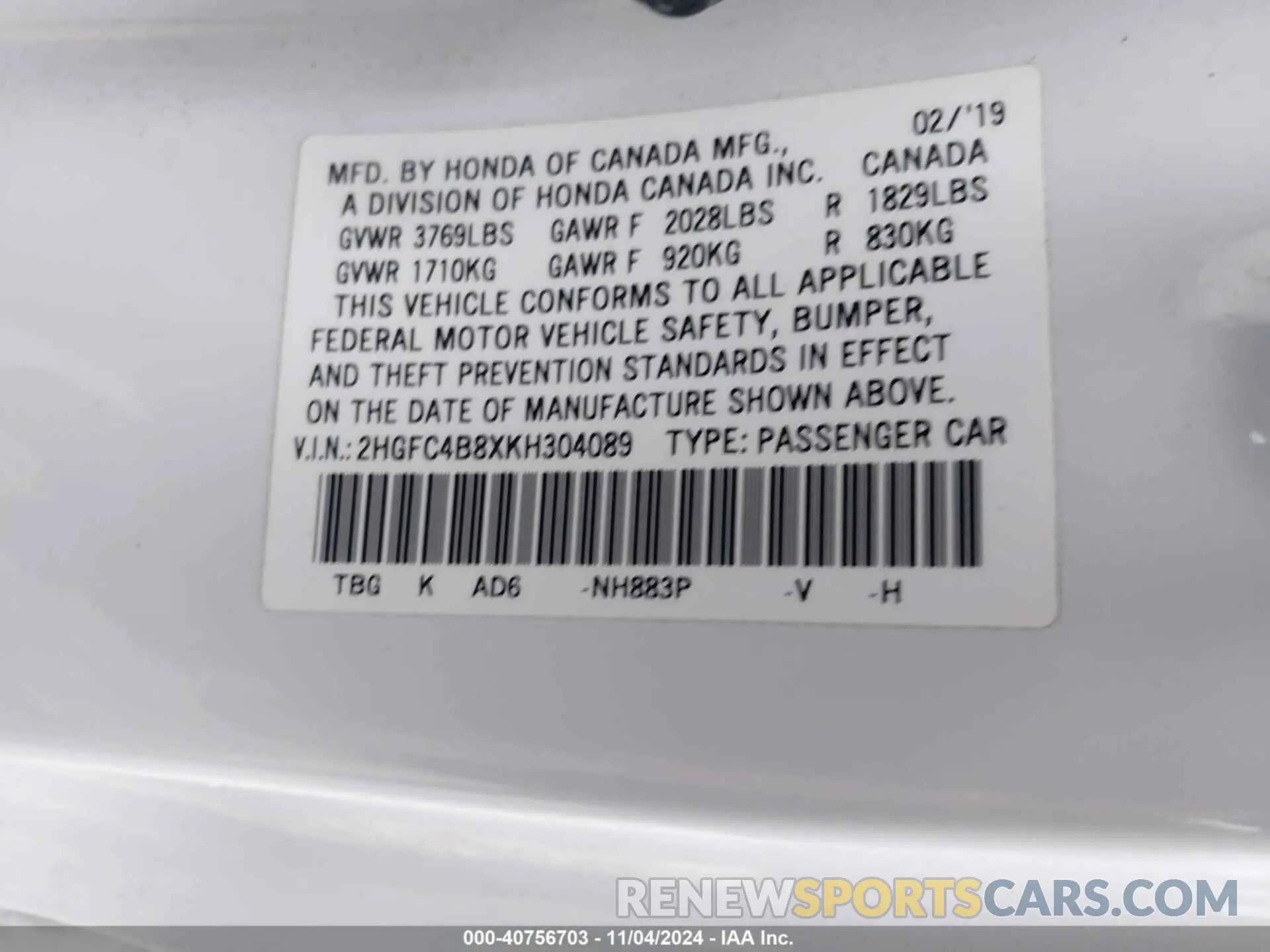 9 Фотография поврежденного автомобиля 2HGFC4B8XKH304089 HONDA CIVIC 2019