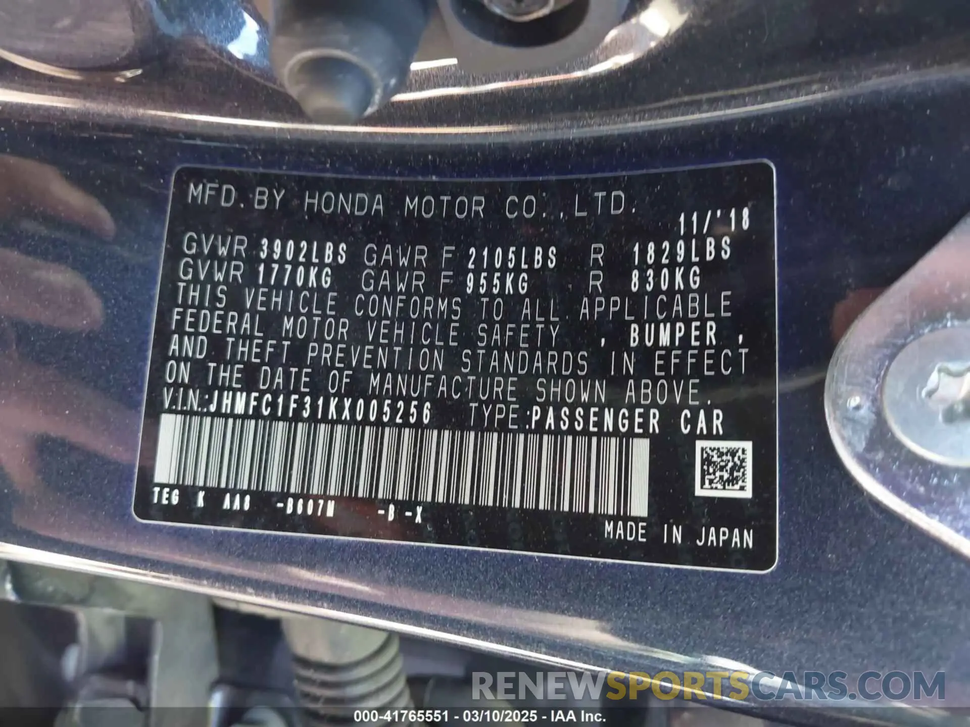9 Photograph of a damaged car JHMFC1F31KX005256 HONDA CIVIC 2019