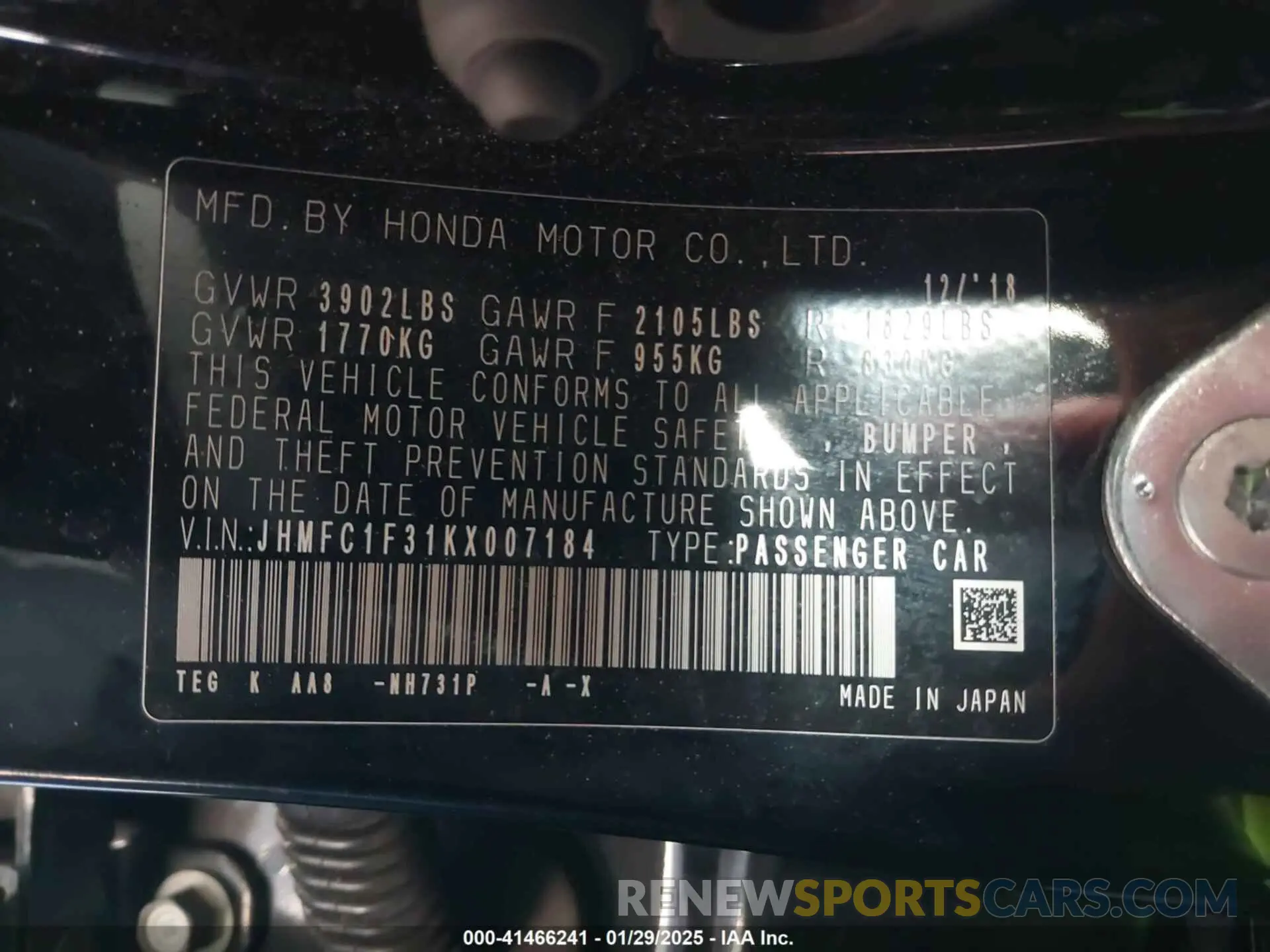 9 Photograph of a damaged car JHMFC1F31KX007184 HONDA CIVIC 2019