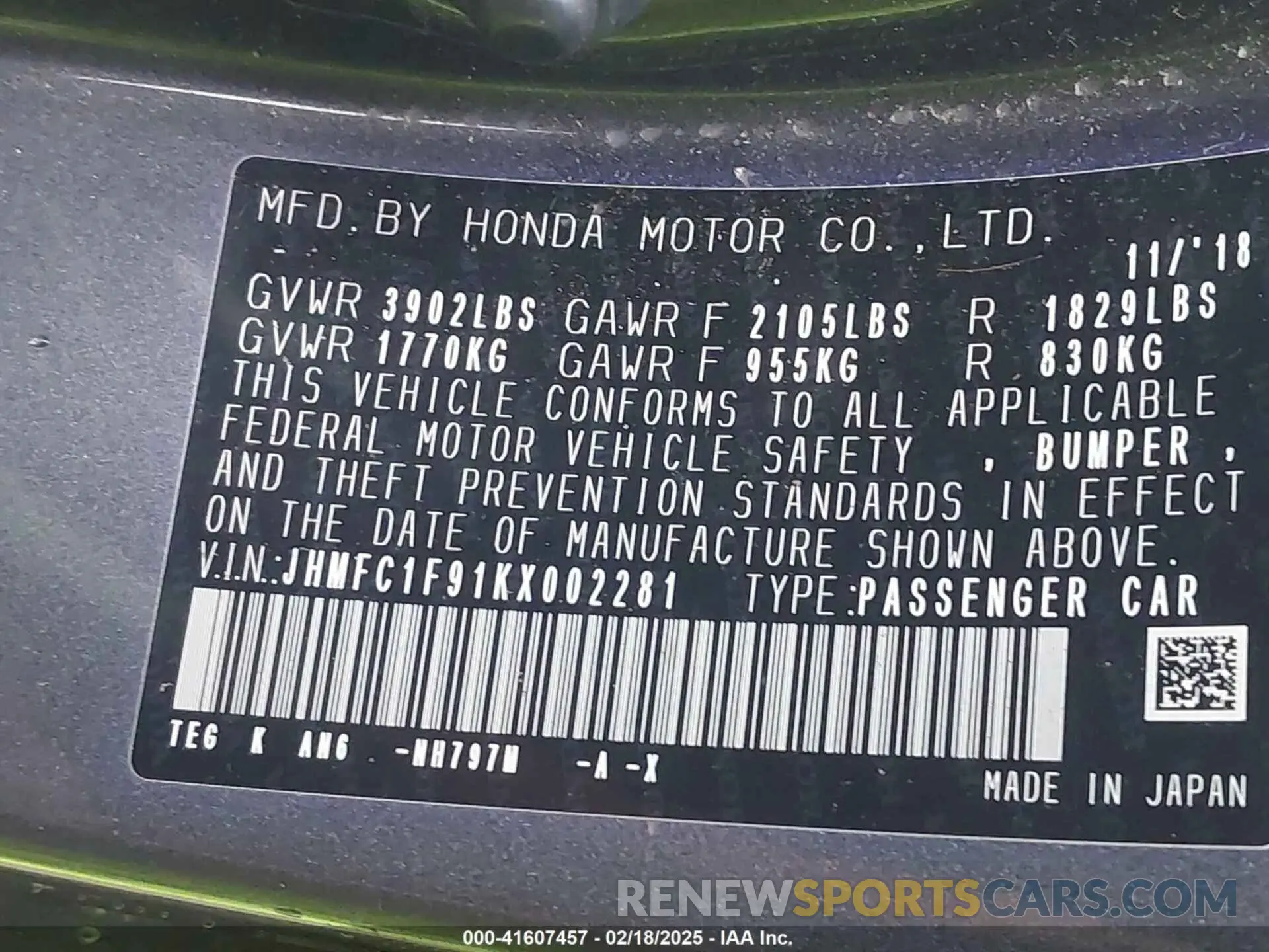 9 Фотография поврежденного автомобиля JHMFC1F91KX002281 HONDA CIVIC 2019