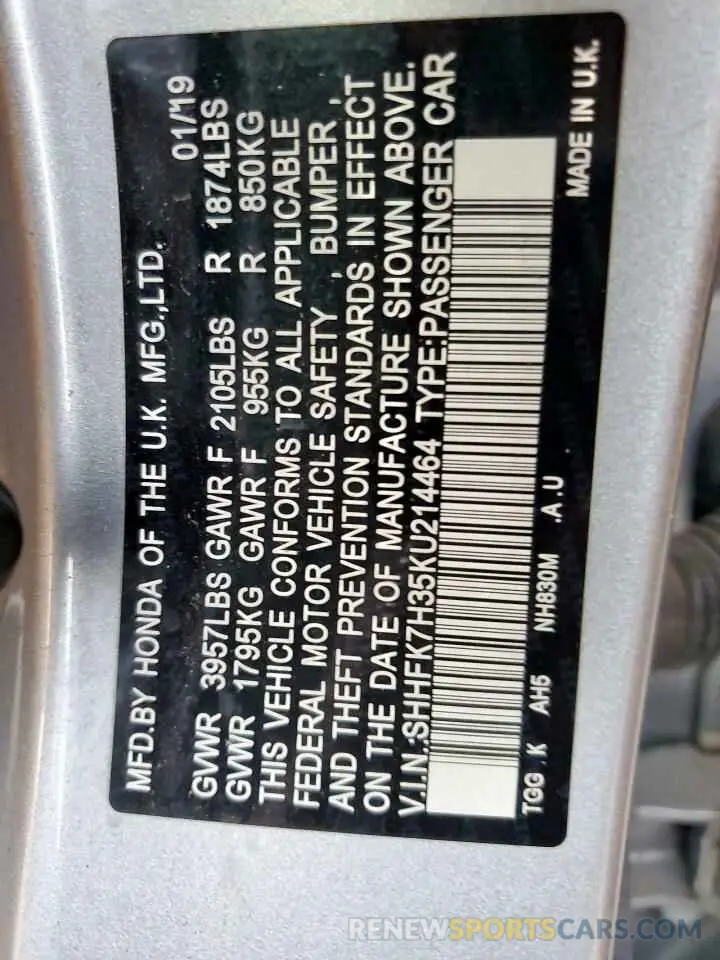 12 Фотография поврежденного автомобиля SHHFK7H35KU214464 HONDA CIVIC 2019