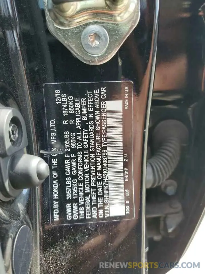 12 Photograph of a damaged car SHHFK7H42KU408796 HONDA CIVIC 2019