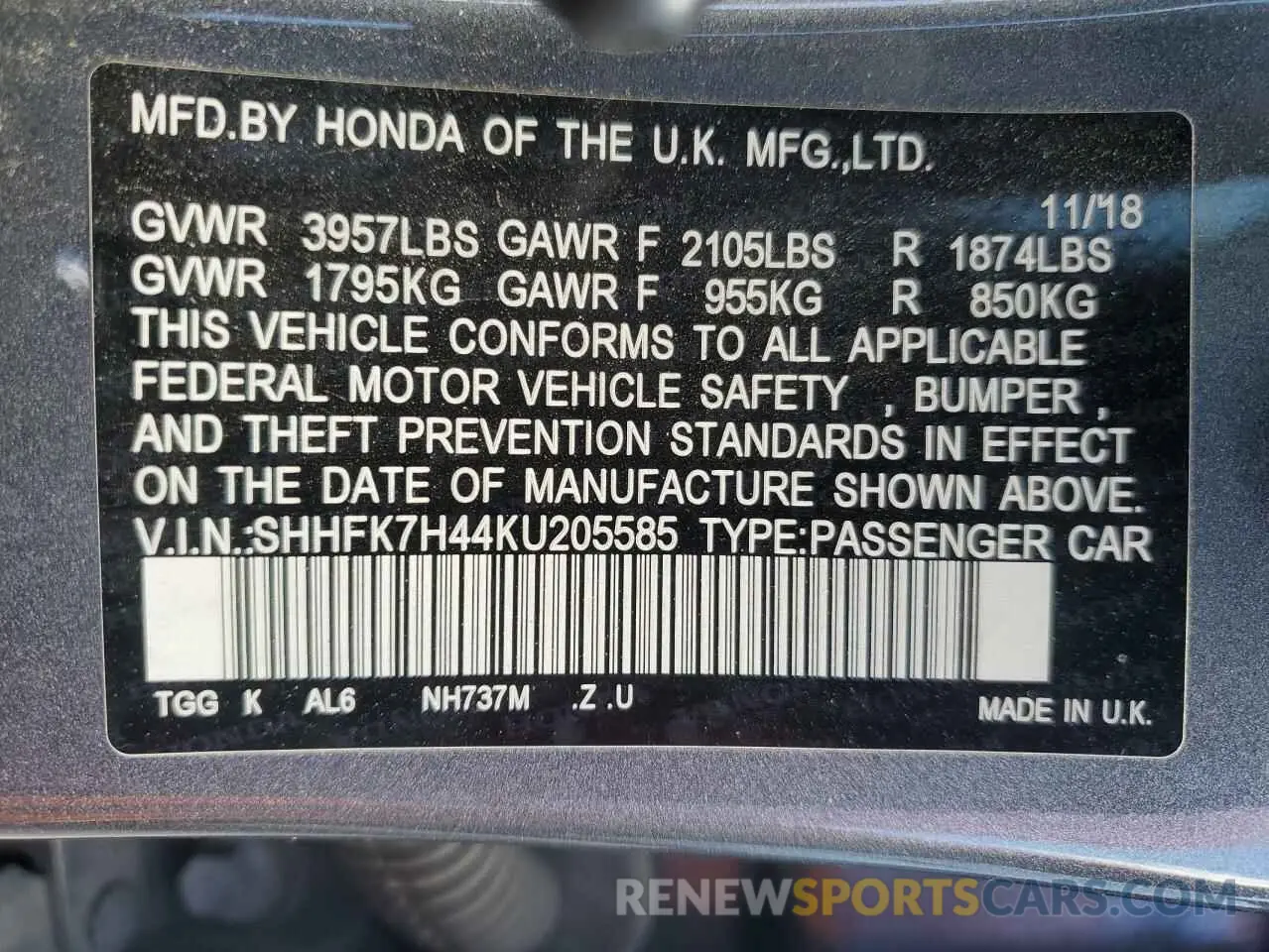 12 Фотография поврежденного автомобиля SHHFK7H44KU205585 HONDA CIVIC 2019