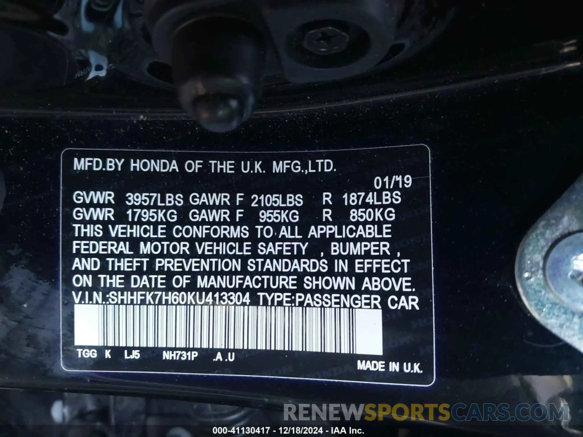9 Photograph of a damaged car SHHFK7H60KU413304 HONDA CIVIC 2019