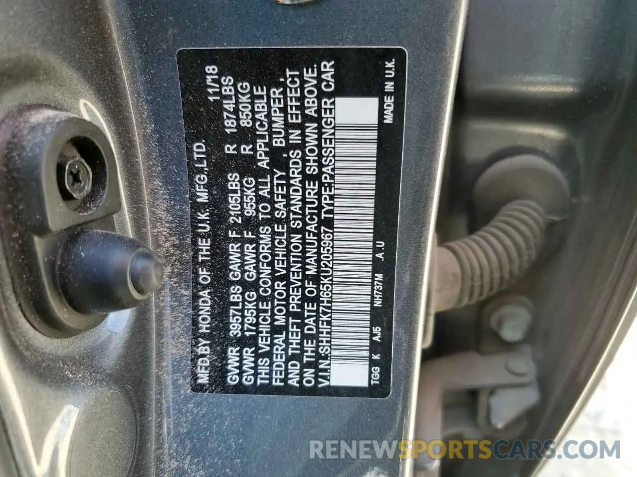 13 Photograph of a damaged car SHHFK7H65KU205967 HONDA CIVIC 2019