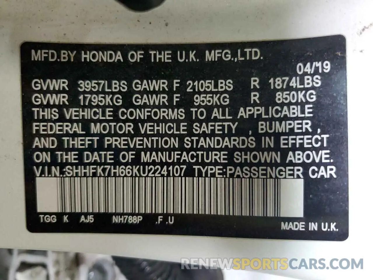 13 Photograph of a damaged car SHHFK7H66KU224107 HONDA CIVIC 2019