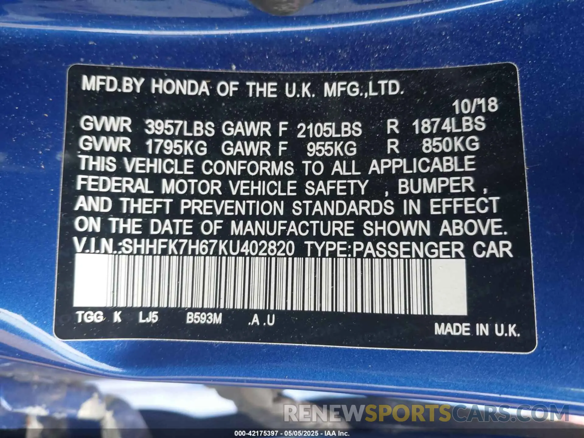 9 Photograph of a damaged car SHHFK7H67KU402820 HONDA CIVIC 2019