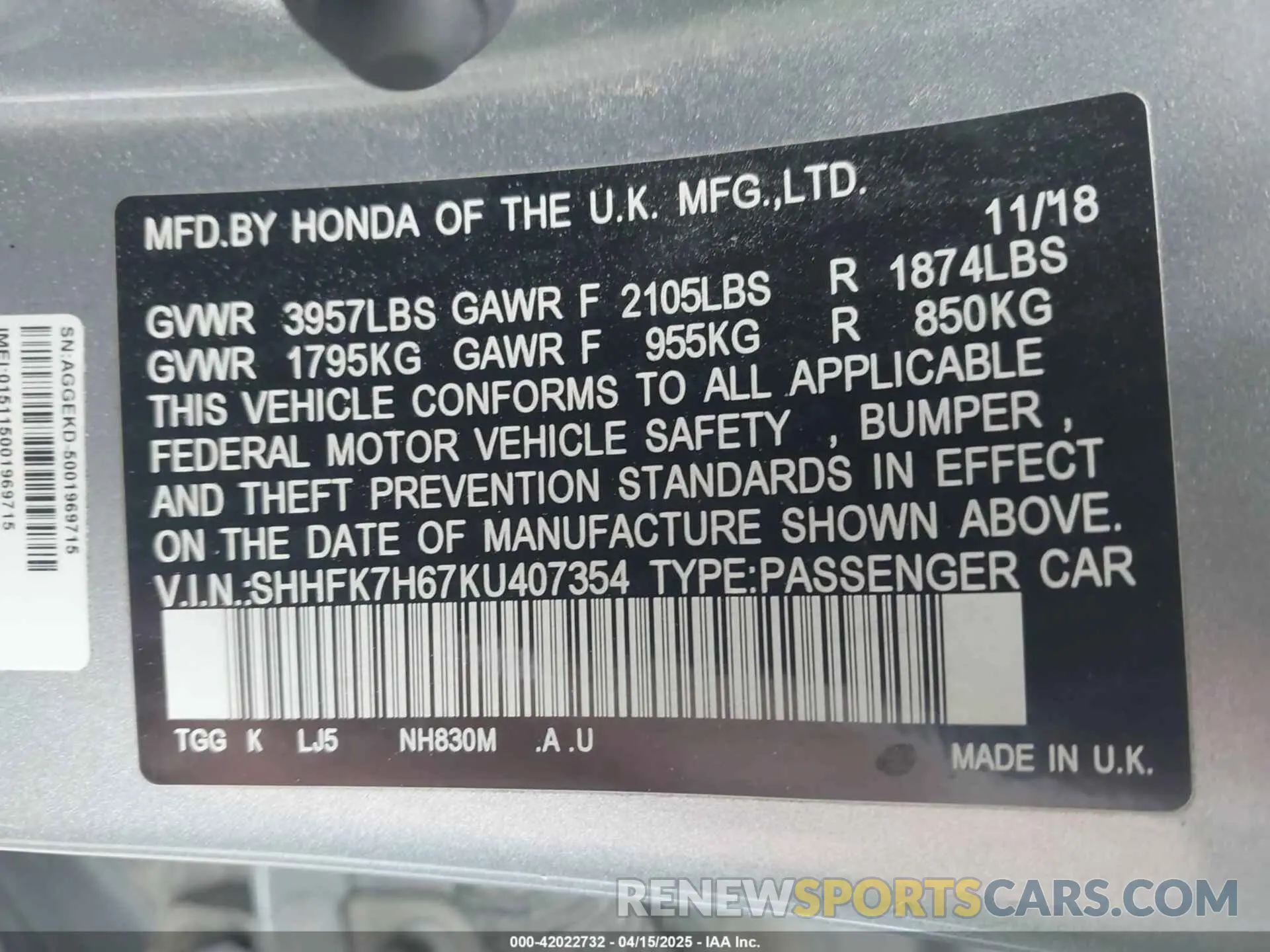 9 Photograph of a damaged car SHHFK7H67KU407354 HONDA CIVIC 2019