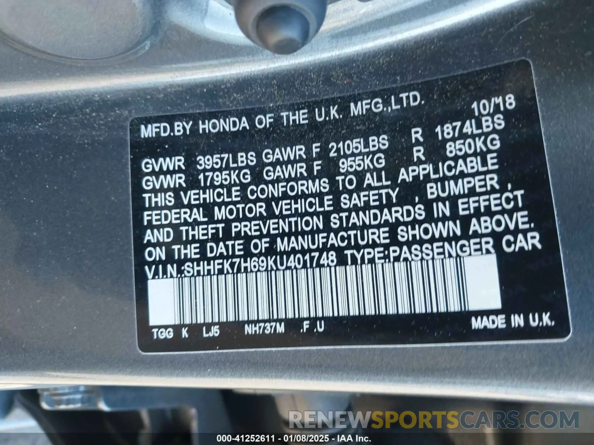 9 Photograph of a damaged car SHHFK7H69KU401748 HONDA CIVIC 2019
