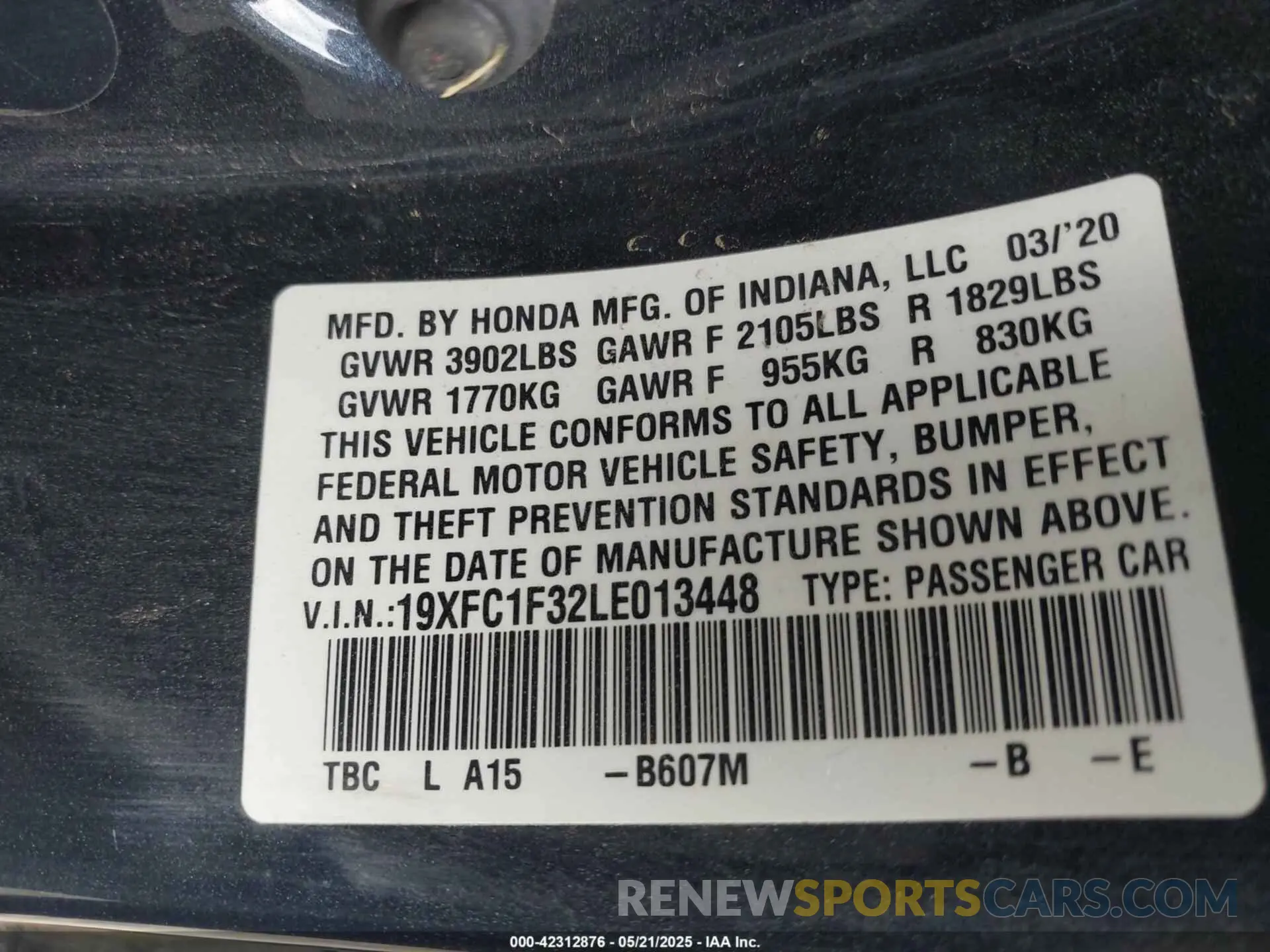 9 Фотография поврежденного автомобиля 19XFC1F32LE013448 HONDA CIVIC 2020