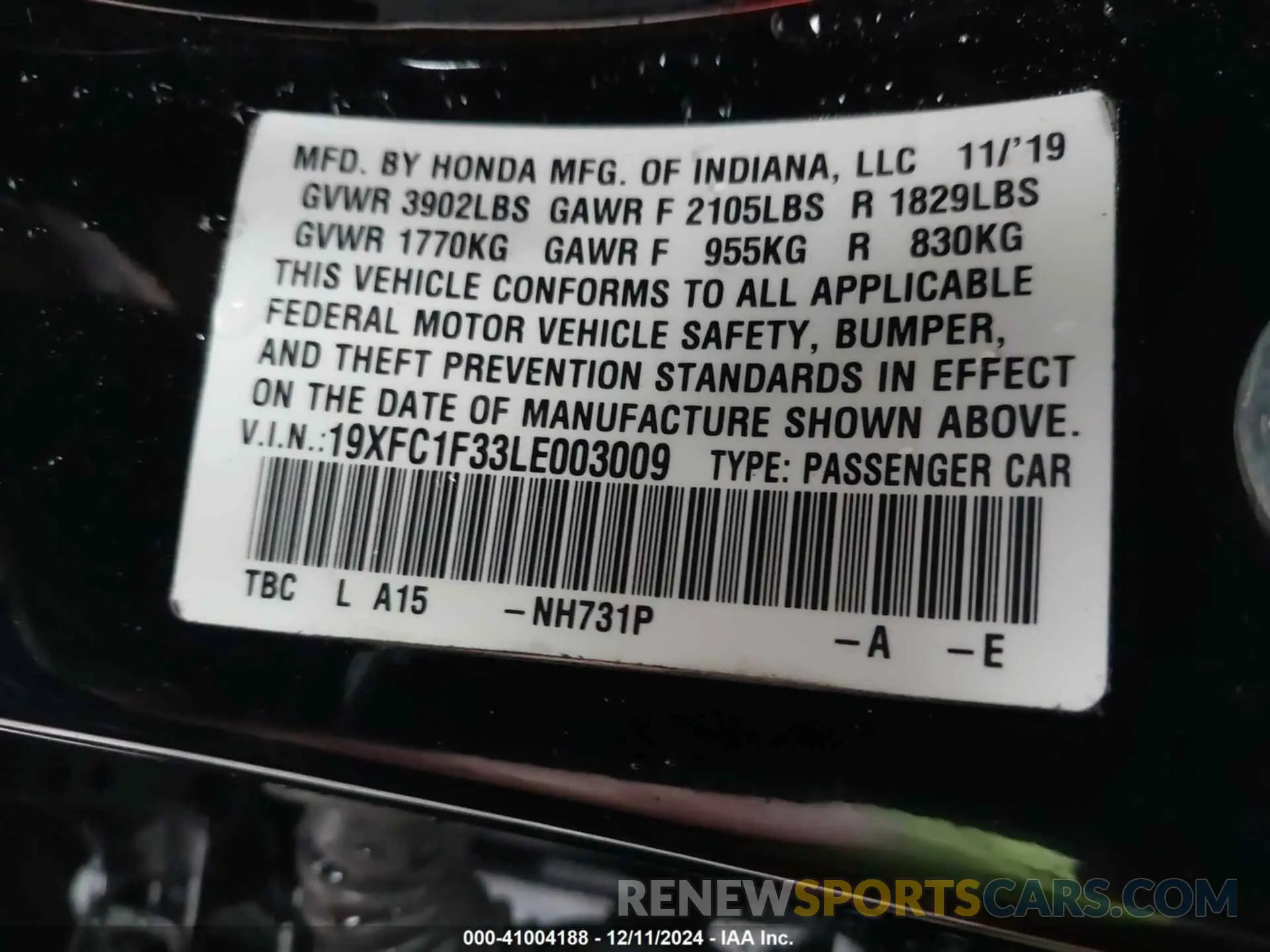 9 Photograph of a damaged car 19XFC1F33LE003009 HONDA CIVIC 2020