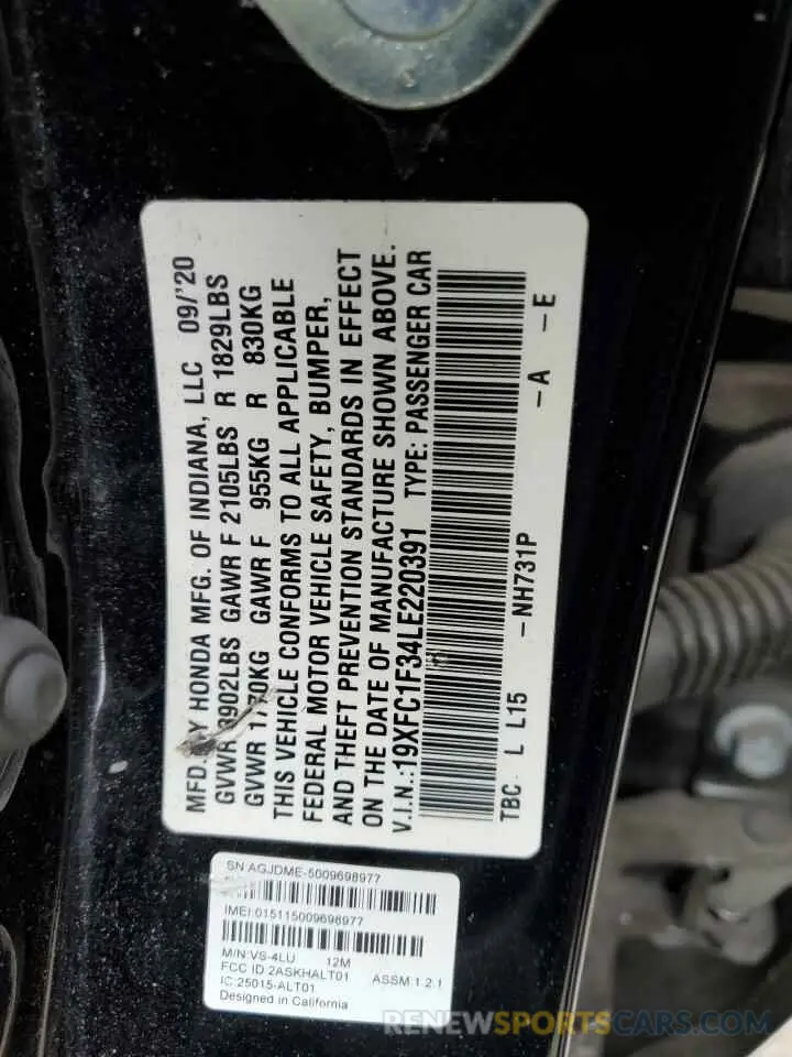 13 Фотография поврежденного автомобиля 19XFC1F34LE220391 HONDA CIVIC 2020