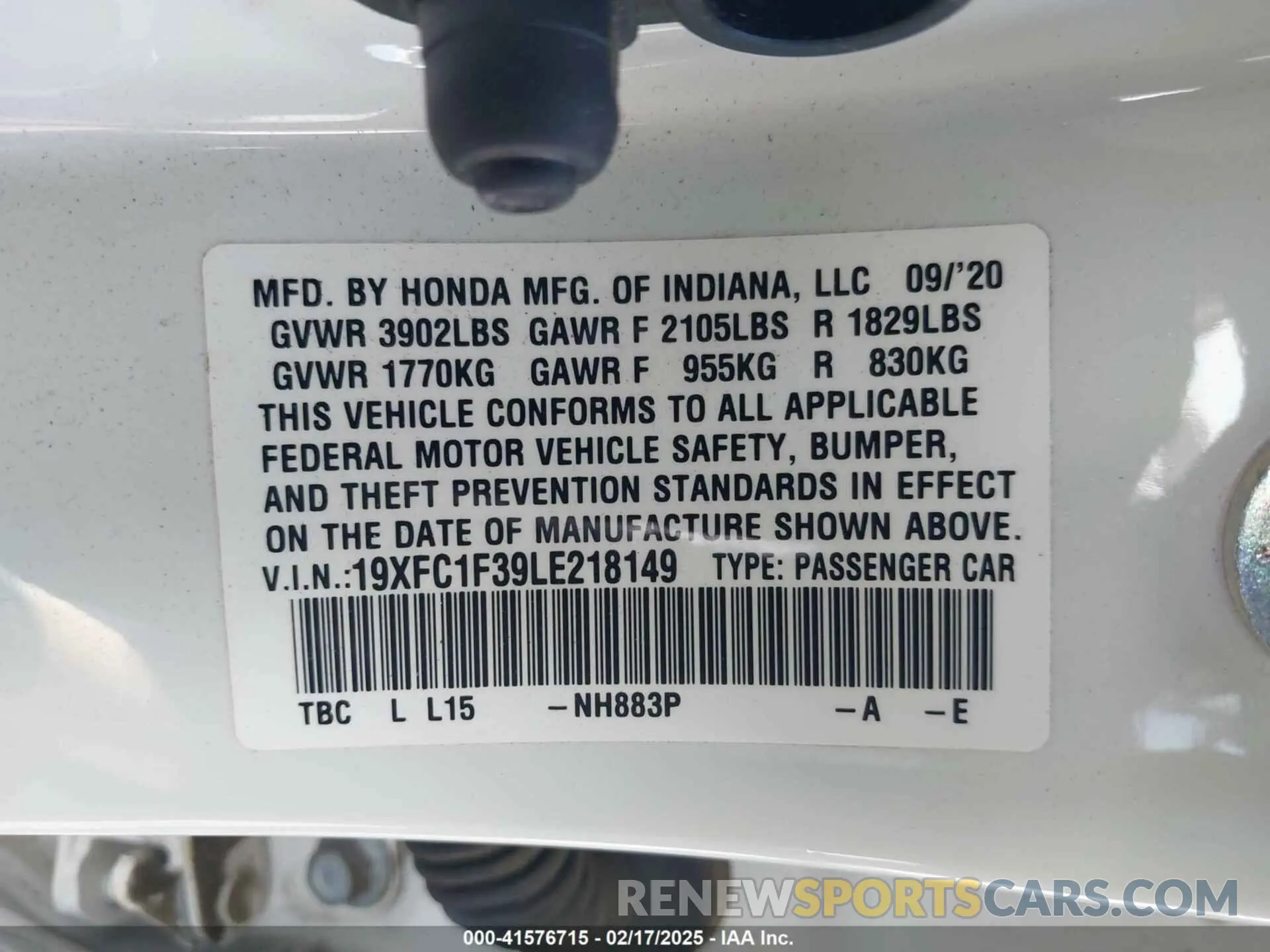 9 Фотография поврежденного автомобиля 19XFC1F39LE218149 HONDA CIVIC 2020