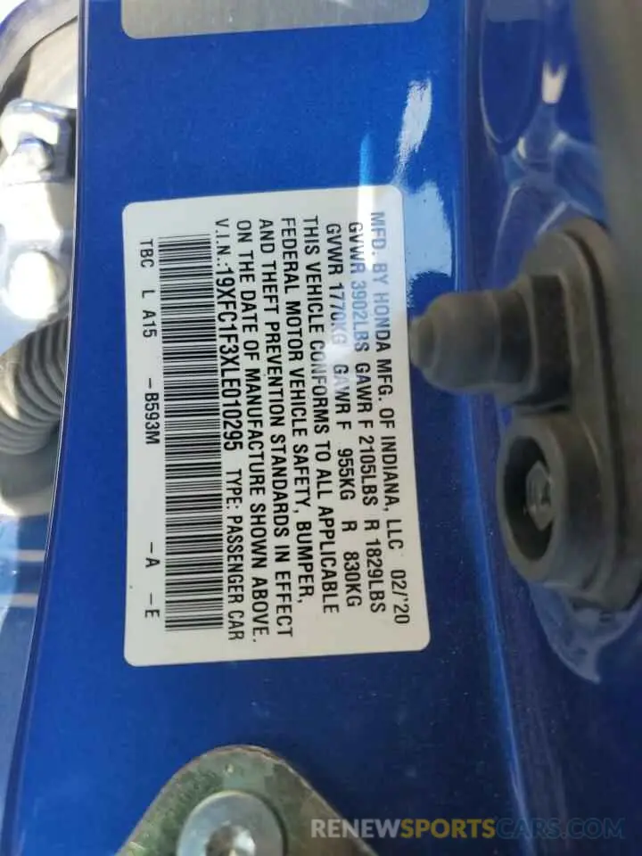 12 Фотография поврежденного автомобиля 19XFC1F3XLE010295 HONDA CIVIC 2020