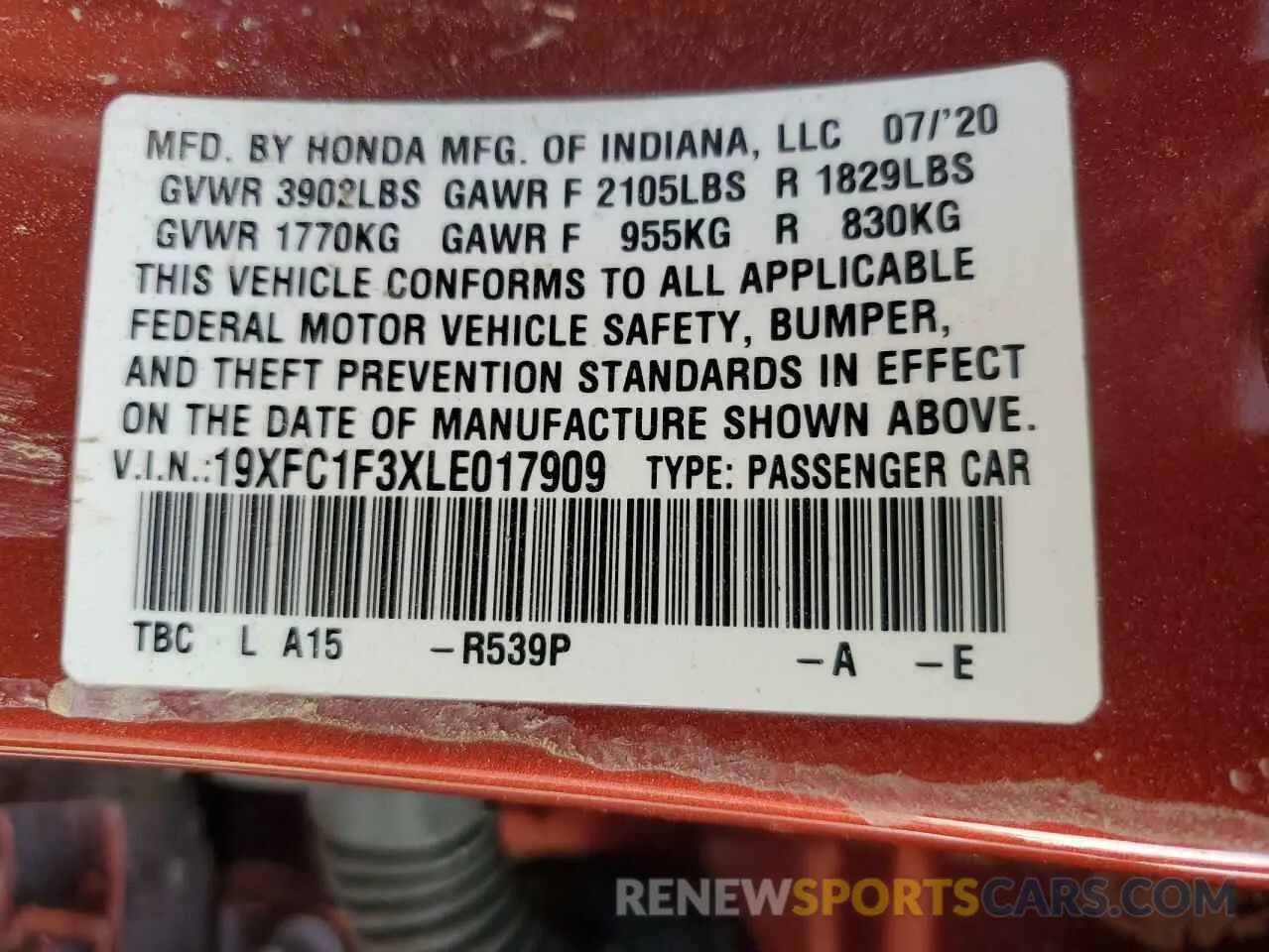 13 Photograph of a damaged car 19XFC1F3XLE017909 HONDA CIVIC 2020